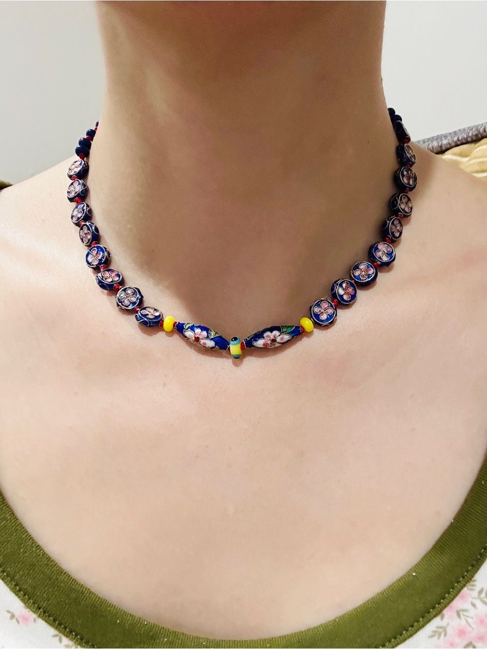 Floral Blue Millefiori Glass Bead Necklace - Unbranded